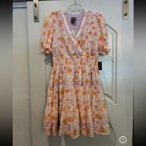 Taylor orange and yellow Floral V-Neck chiffon ruffle Dress. Lavender accents.